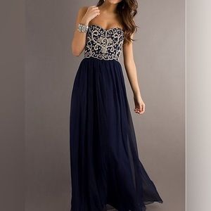 Sean Collection Beaded Strapless Formal Dress in Navy
